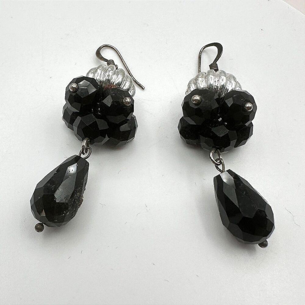 Vintage 90s Silver Tone Faceted Black Glass Bead Dangle Drop Earrings Jewelry